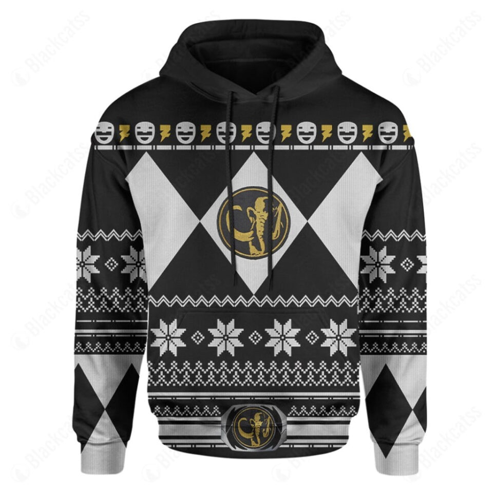 Mighty Morphin Black Power Rangers Ugly Christmas Costume Hoodie Sweatshirt T-Shirt Sweatpants Tracksuit - HypemerchX